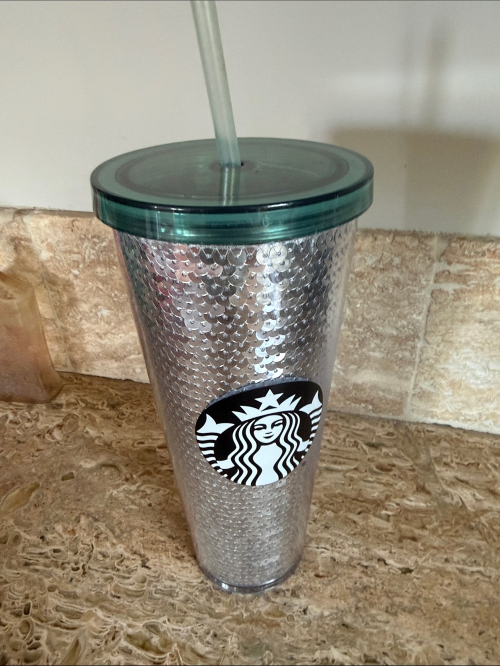 Starbucks Silver Sequin Tumbler with Green Lid and Straw